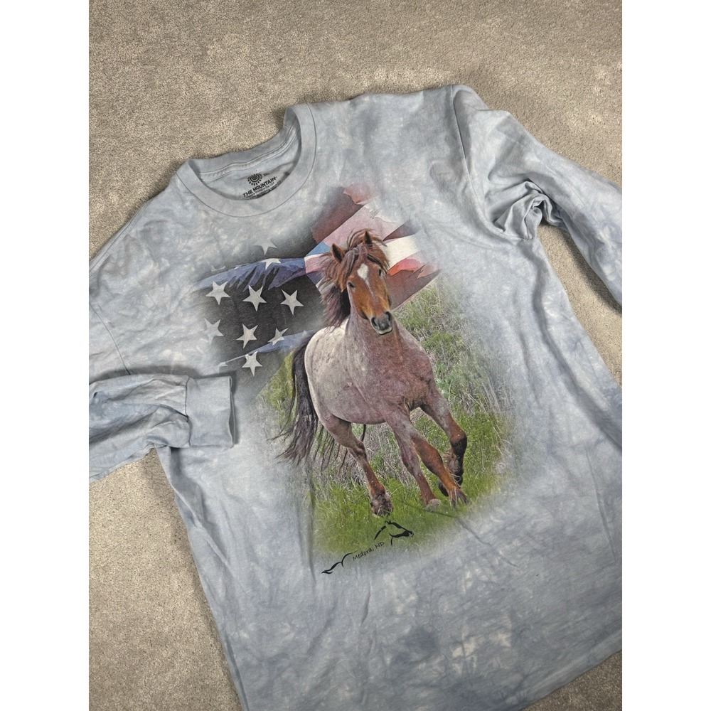 The Mountain Shirt 2XL Blue Tie Dye Horse Flag Long Sleeve Crew Neck Medora, ND
